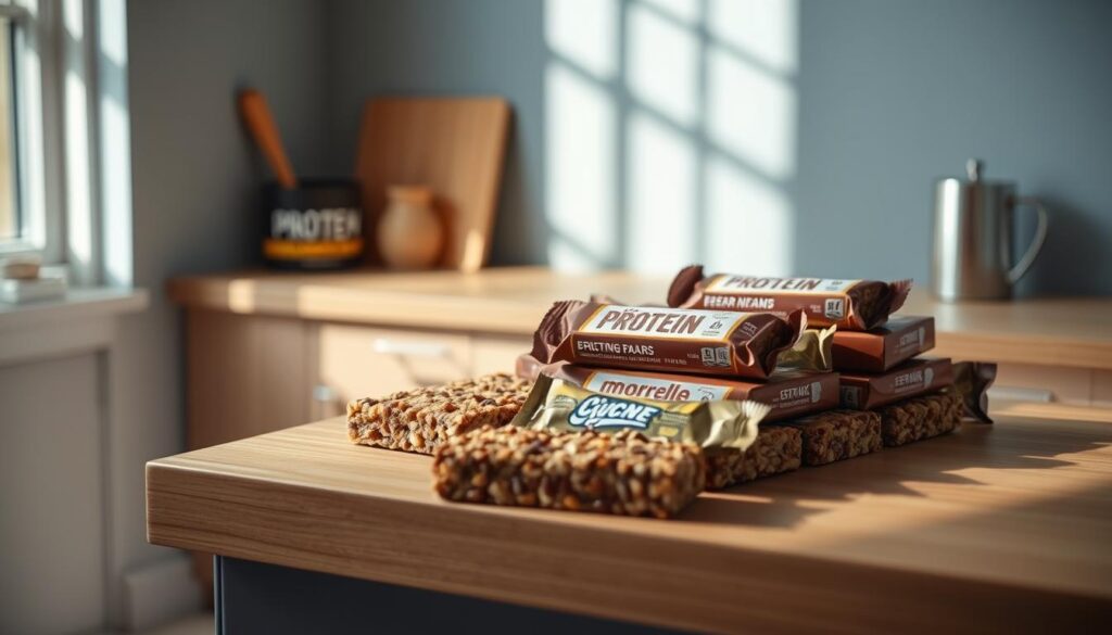 A well-lit kitchen counter with a clean, minimalist aesthetic, featuring an assortment of protein bars in various flavors. The bars are arranged neatly, casting soft shadows on the wooden surface. The lighting is warm and natural, creating a cozy ambiance. In the background, a subtle blue-gray wall provides a calming, complementary backdrop. The scene exudes a sense of curation and careful consideration, inviting the viewer to closely examine the different protein bar options.