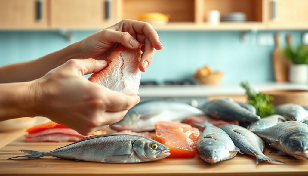 A well-lit kitchen counter with various fresh fish options arranged neatly. In the foreground, a close-up view of a person's hands examining a firm, silvery fillet, checking for quality and freshness. The middle ground showcases an assortment of different fish types, such as salmon, tuna, and tilapia, each with their unique textures and colors. The background features a minimalist, light blue-accented kitchen setting with wooden accents, creating a warm and inviting atmosphere. The scene conveys a sense of thoughtful meal preparation, highlighting the importance of selecting the right fish for a high-protein, reheatable lunch.