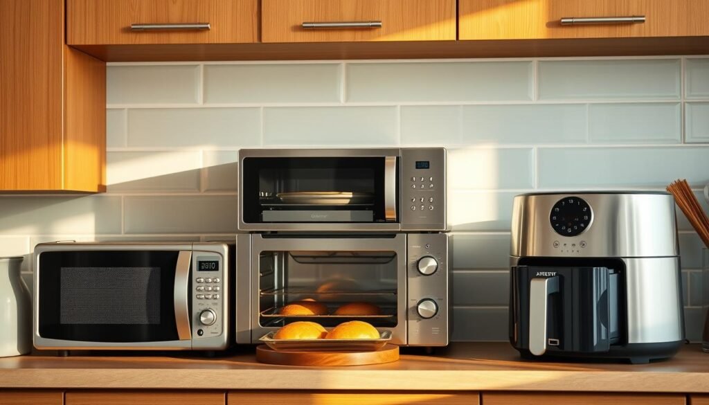 A well-lit kitchen countertop showcases various reheating appliances - a sleek microwave, a modern convection oven, and a compact air fryer, all arranged in a visually appealing layout. The appliances are positioned against a backdrop of warm wooden cabinetry and light blue accent tiles, creating a cozy, minimalist ambiance. The scene is captured with a wide-angle lens, emphasizing the practical yet stylish setup, inviting the viewer to explore the effective reheating methods for a fresh morning taste.