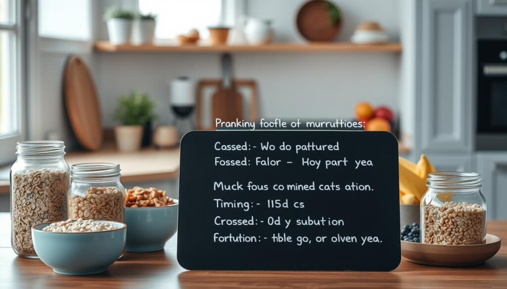 A well-lit kitchen setting with a wooden table, light blue accents, and glass jars filled with various whole food ingredients - oats, nuts, seeds, and fresh produce. In the foreground, a set of muscle-building nutrition guidelines is displayed on a chalkboard, with key macronutrients, portion sizes, and timing recommendations. The image has a warm, inviting atmosphere, encouraging a thoughtful, protein-focused approach to breakfast meal prepping for muscle growth.