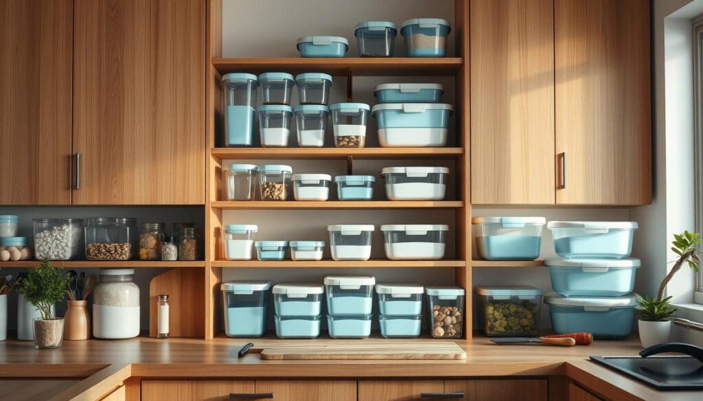A well-lit kitchen with wooden cabinets and shelves, displaying an array of neatly organized meal storage solutions. Glass jars, airtight containers, and stackable boxes in light blue and white hues line the shelves, creating a visually appealing and efficient organization system. The counter features a cutting board, spices, and a small plant, adding a touch of natural elements to the scene. The lighting is soft and warm, creating a calming and inviting atmosphere, perfect for preparing a nutritious and varied breakfast.