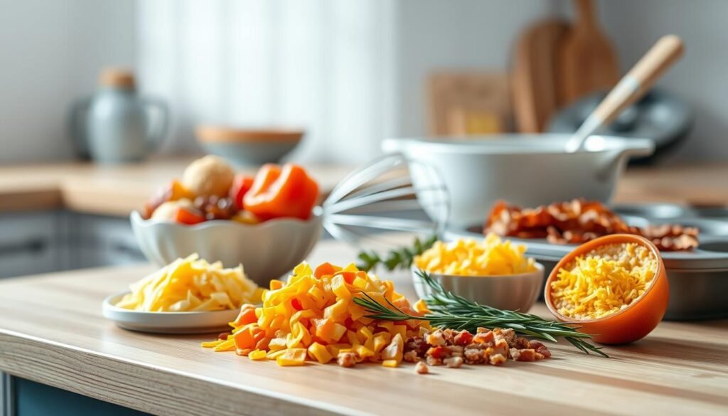 A well-lit, minimal kitchen counter with natural wooden textures and light blue accents. In the foreground, a selection of savory muffin ingredients including shredded cheddar cheese, diced bell peppers, crumbled bacon, and fresh herbs like rosemary and chives. In the middle ground, baking tools such as a mixing bowl, a hand whisk, and a muffin tin. In the background, a clean, airy space with soft, diffused lighting, creating a cozy, inviting atmosphere for preparing these delectable savory muffins.