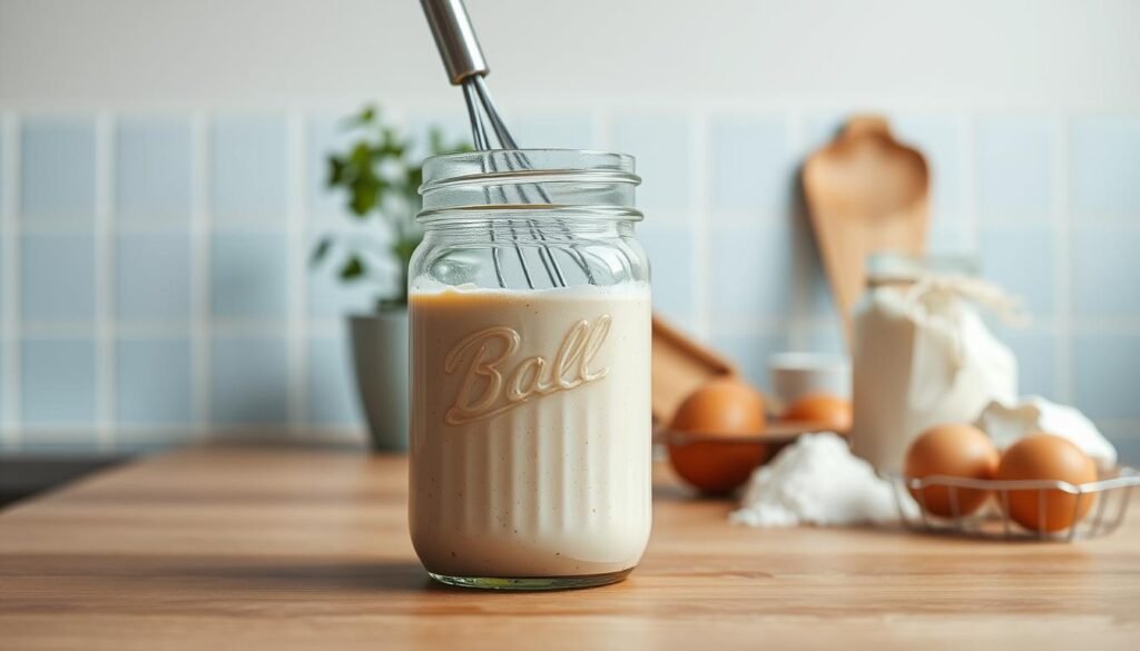A well-lit, minimal kitchen scene with a wooden countertop and light blue accents. In the foreground, a mason jar filled with a homemade batter, the batter being carefully mixed with a whisk. The camera angle captures the motion and texture of the mixing process, highlighting the smooth consistency of the batter. In the middle ground, various baking ingredients such as eggs, flour, and baking powder are neatly arranged. The background features a simple backsplash and a potted plant, creating a cozy, inviting atmosphere. The lighting is soft and natural, casting gentle shadows and emphasizing the rich, tactile quality of the materials.