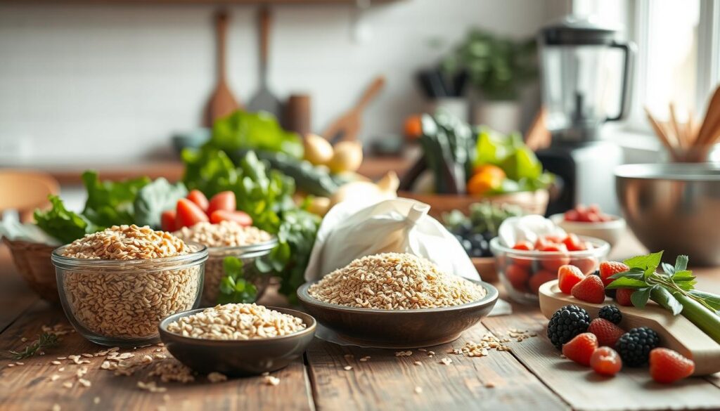 A well-lit, minimal kitchen scene with an assortment of clean eating ingredients arranged on a rustic wooden table. In the foreground, a variety of whole grains, such as quinoa, oats, and brown rice, are neatly presented. In the middle ground, an array of fresh produce, including leafy greens, crisp vegetables, and ripe berries, are carefully displayed. In the background, a few kitchen appliances, such as a blender and a mixing bowl, suggest the preparation of a healthy meal. The lighting is soft and natural, creating a warm, inviting atmosphere that emphasizes the freshness and simplicity of the ingredients.