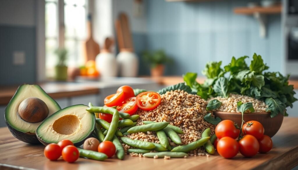 A well-lit, minimal kitchen scene with wooden countertops and light blue wall accents. In the foreground, an assortment of nutritious bowl components neatly arranged: colorful slices of fresh avocado, ripe cherry tomatoes, crisp cucumber spears, and plump edamame pods. In the middle ground, a selection of grains such as quinoa, brown rice, and farro. In the background, a cluster of leafy greens including kale, spinach, and arugula. The lighting is soft and natural, creating a warm, inviting atmosphere. The components are photographed at a slight angle, emphasizing their vibrant colors and textures.