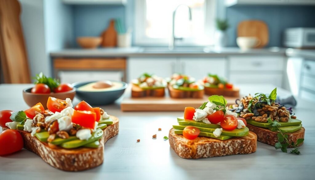 A well-lit, minimal kitchen with soft blue accents and wooden textures serves as the backdrop for an array of creative avocado toast toppings. In the foreground, perfectly ripe avocado slices are arranged with care, complemented by a variety of vibrant garnishes - juicy cherry tomatoes, crumbled feta, crunchy toasted nuts, and fragrant fresh herbs. The middle ground features artfully arranged slices of crusty, golden-brown bread, awaiting the delectable toppings. Diffused natural light casts a warm, inviting glow over the scene, highlighting the textures and colors of the ingredients. The overall mood is one of simplicity, freshness, and the joy of crafting a nourishing, no-heat lunchbox meal.