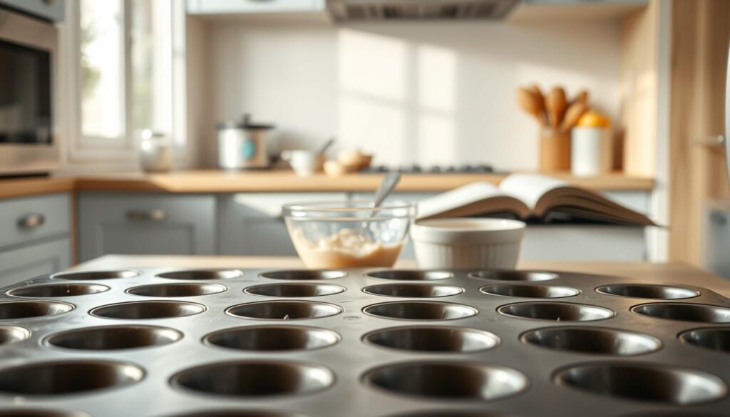 A well-lit, minimal kitchen with warm wooden textures and light blue accents. In the foreground, a neatly arranged muffin tin, its cavities gleaming with a light coating of butter or oil. Beside it, a small bowl of batter, the consistency perfectly smooth and creamy. In the middle ground, a set of measuring cups and spoons, hinting at the precise preparation process. The background features a clean, uncluttered countertop, perhaps with a cookbook open to a relevant recipe. The overall atmosphere is one of calm focus, emphasizing the importance of attention to detail in achieving consistently perfect muffin results.
