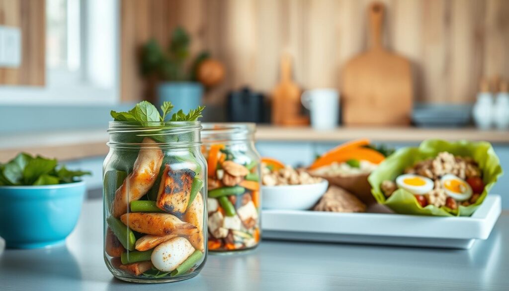 A well-lit, minimal kitchen with wooden textures and light blue accents showcases a variety of protein-packed cold lunch options. In the foreground, a mason jar salad with grilled chicken, roasted vegetables, and a zesty vinaigrette dressing. In the middle ground, a chilled quinoa and edamame bowl garnished with toasted almonds and a hard-boiled egg. In the background, a platter of hummus, vegetable sticks, and a portion of tuna salad in a lettuce wrap. The scene evokes a sense of nourishment and convenience, perfect for a healthy, no-heat lunchbox meal.