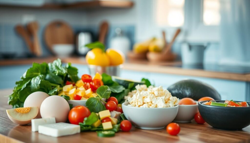 A well-lit, minimalist kitchen counter showcasing a neatly arranged composition of nutritious ingredients for egg white muffins. Fresh eggs, diced bell peppers, chopped spinach, low-fat cheese, and other superfood toppings like diced avocado and cherry tomatoes. The ingredients are bathed in soft, natural lighting that accentuates their vibrant colors and textures, creating an appetizing and inviting display. The wooden surface and light blue accents in the background add a cozy, rustic charm to the scene.