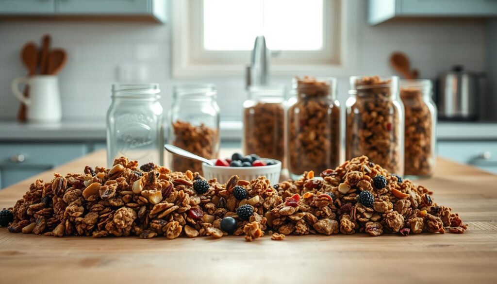 A well-lit minimalist kitchen counter, showcasing a variety of homemade granola options. Wooden textures and light blue accents create a cozy, inviting atmosphere. In the foreground, an assortment of granola clusters in earthy tones, sprinkled with dried fruits, nuts, and a drizzle of honey. Beside them, mason jars filled with different granola recipes, each with its own unique blend of ingredients. In the middle ground, a small bowl of fresh berries and a spoon, complementing the granola. The background features a simple white tile backsplash and a glimpse of a window, allowing natural light to stream in and set an airy, relaxed mood.
