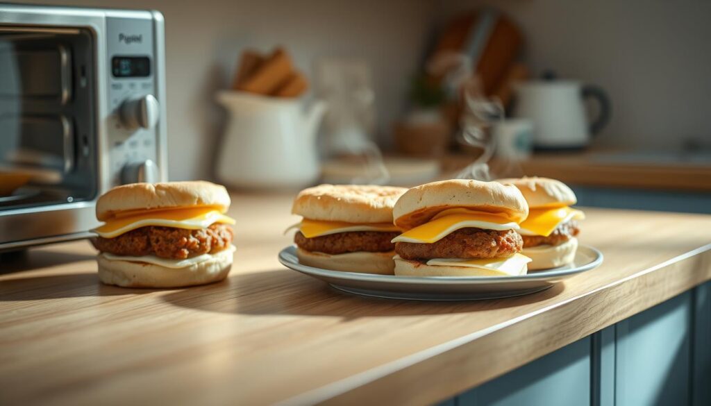 A well-lit, minimalist kitchen counter with a wooden surface and light blue accents. On the counter, a plate holds several freshly reheated breakfast sandwiches, steam rising from the warm buns. The sandwiches are composed of crisp English muffins, savory sausage patties, perfectly cooked eggs, and a light layer of melted cheese. The lighting casts a soft, natural glow over the scene, highlighting the delicious details of the food. A nearby appliance, likely a toaster oven or microwave, suggests the recent reheating process. The overall atmosphere is one of calm, effortless preparation, inviting the viewer to imagine the satisfying flavors and textures of these homemade breakfast treats.