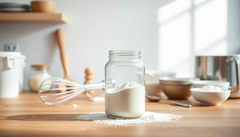 A well-lit, minimalist kitchen counter with a wooden surface. In the foreground, a glass jar filled with protein powder sits atop a clean white background, its contents spilling out slightly. Surrounding the jar, various baking tools and ingredients such as a whisk, measuring cups, and a small bowl of flour create a cohesive scene. The lighting is soft and directional, casting gentle shadows and highlighting the textures of the materials. The overall atmosphere is one of calm, clean, and considered food preparation, inviting the viewer to explore the role of protein powder in muffin baking.