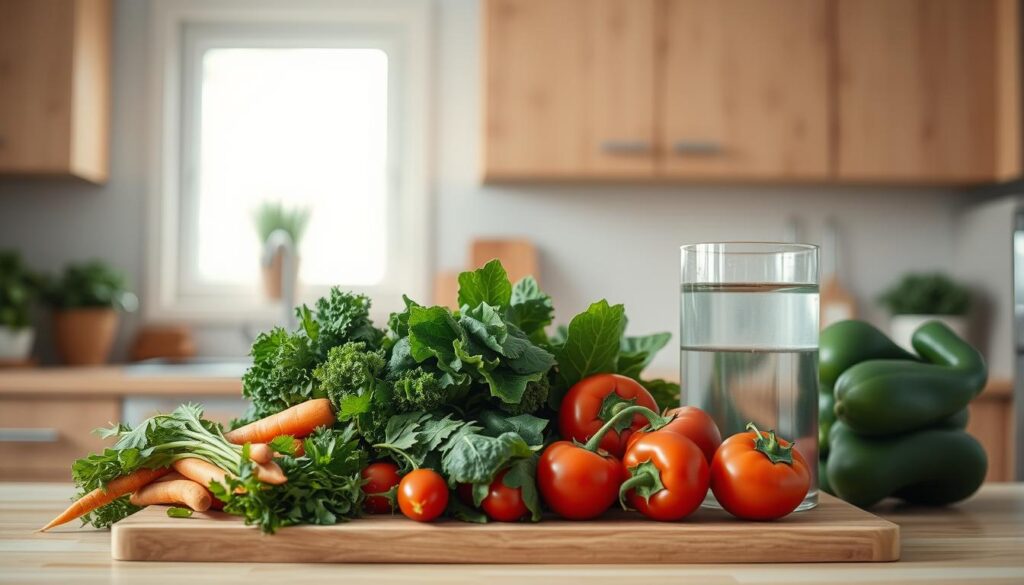 A well-lit, minimalist kitchen scene with warm wooden textures and light blue accents. In the foreground, an assortment of fresh, vibrant vegetables - carrots, leafy greens, tomatoes, and bell peppers - arranged neatly on a wooden cutting board. In the middle ground, a glass container filled with water, keeping the produce crisp and flavorful. The background features simple, clean-lined cabinetry and a small window, allowing natural light to gently illuminate the scene. The overall atmosphere is one of calm, organized efficiency, highlighting the importance of preserving the freshness and nutritional value of seasonal produce for a balanced, nutrient-rich meal prep.