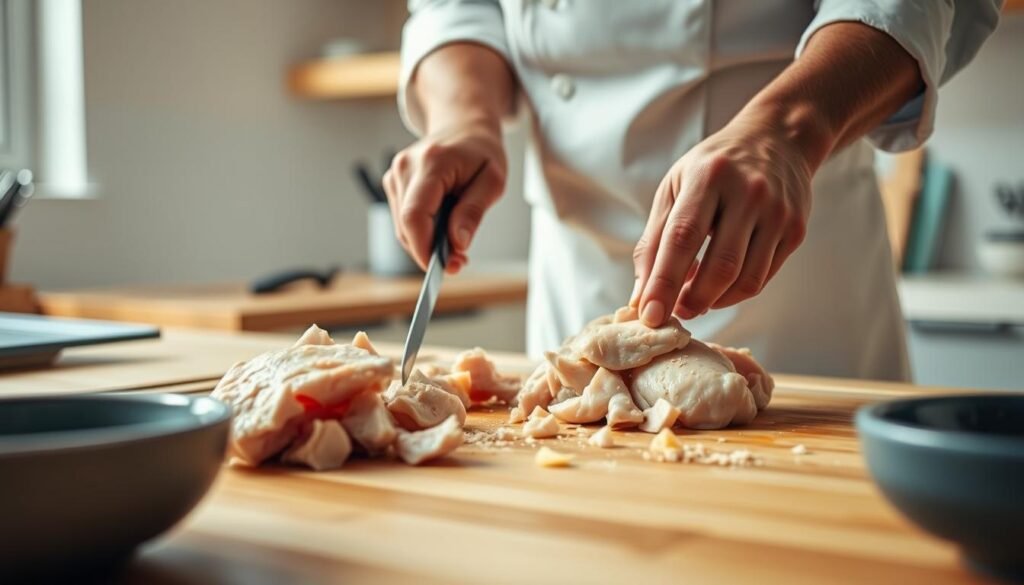 A well-lit, minimalist kitchen with wooden surfaces and soft blue accents. On a clean cutting board, a skilled chef's hands expertly demonstrate essential chicken prep techniques - deftly slicing, dicing, and pounding the meat to the perfect size and thickness for a delectable stir-fry. The scene captures the nuanced motions and attention to detail required to achieve stir-fry perfection, inviting the viewer to experience the satisfying process of preparing the main ingredient.