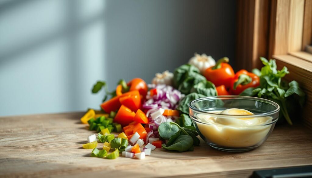 A well-lit, rustic kitchen counter displays a variety of chopped vegetables, including bell peppers, onions, and spinach, neatly arranged alongside a bowl of lightly whisked eggs. The muted blue-grey walls and natural wood textures create a calming, minimalist atmosphere, allowing the vibrant colors of the ingredients to take center stage. The camera angle is positioned slightly elevated, capturing the scene from an overhead perspective, showcasing the careful preparation of the egg mixture and veggie options for a wholesome, fiber-rich breakfast.