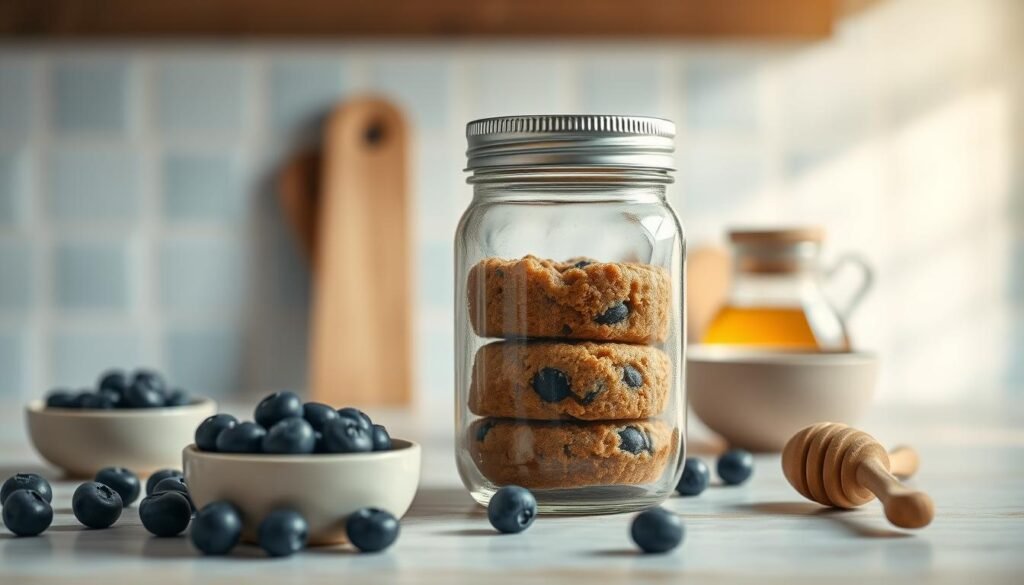 A well-lit, rustic kitchen counter showcases a tempting still life of an airtight glass mason jar filled with layered protein-rich breakfast muffins. The jar's metal lid reflects the soft, warm light, creating an inviting glow. Surrounding the jar are fresh blueberries, a small ceramic bowl of honey, and a wooden spoon, all set against a backdrop of light blue subway tiles and natural wood textures. The scene exudes a sense of homemade goodness and portable convenience, perfectly capturing the essence of a satisfying on-the-go breakfast.