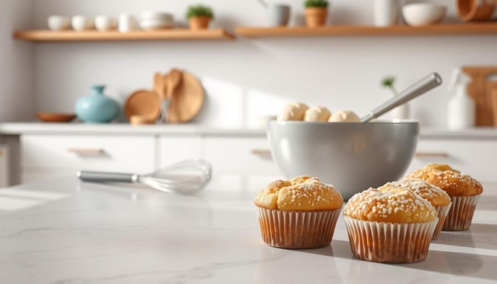 A well-lit, spacious kitchen counter with a smooth, white marble surface. In the foreground, a set of freshly baked muffins, their golden tops lightly dusted with powdered sugar, radiating a tantalizing aroma. In the middle ground, a mixing bowl filled with a fluffy, light-colored batter, whisks and spatulas nearby, suggesting the precision and care taken in their preparation. The background features a softly lit, minimalist backdrop of wooden shelves and light blue accents, creating a cozy, inviting atmosphere. The overall scene conveys a sense of culinary mastery and the perfect balance of technique and texture.