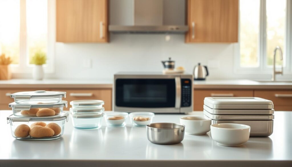 A well-lit, spacious kitchen counter with an elegant, minimalist design. In the foreground, various breakfast storage solutions are neatly arranged - airtight glass containers, stainless steel lunch boxes, and sleek ceramic ramekins. Soft natural lighting from large windows casts a warm glow, highlighting the wooden textures and light blue accents of the surrounding cabinetry. The middle ground features a stylish, compact microwave oven and a small appliance like a toaster or coffee maker, complementing the breakfast prep setup. The background seamlessly blends the kitchen's clean, streamlined aesthetic, creating a harmonious and functional space for storing and reheating your breakfast creations.