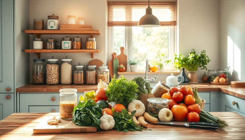 A well-organized Sunday kitchen prep, with an array of fresh ingredients neatly arranged on a wooden countertop. Sunlight streams through a large window, casting a warm, natural glow over the scene. Glass jars filled with grains, spices, and herbs line the shelves, while a cutting board and knife stand ready for meal preparation. The kitchen's light blue cabinets and minimal decor create a calming, focused atmosphere, perfect for planning a week's worth of healthy, homemade meals.