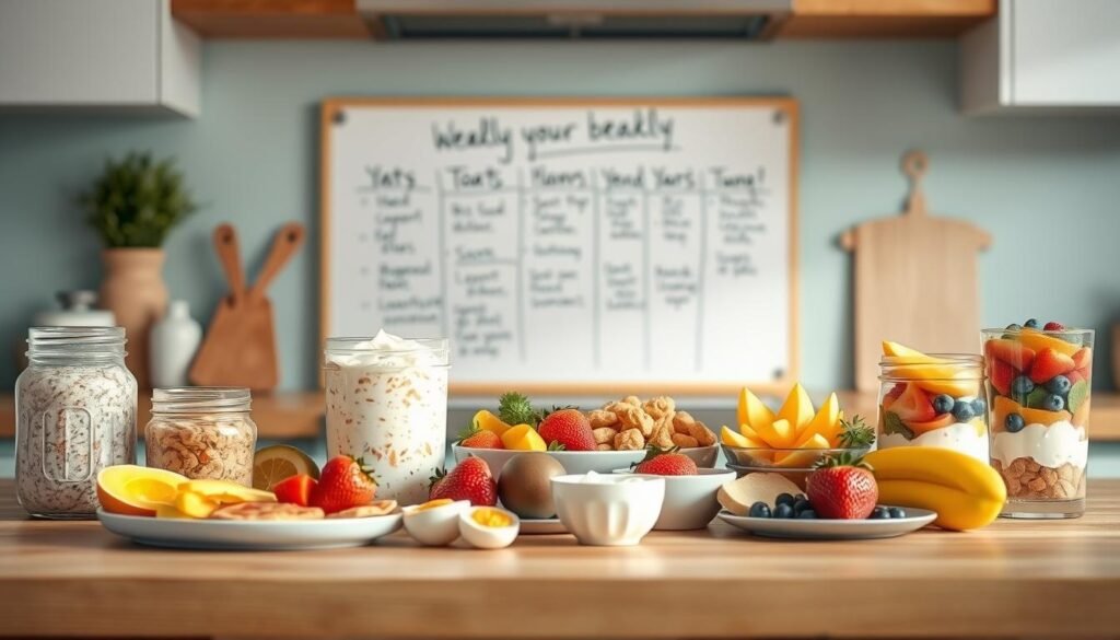 A well-organized and visually appealing weekly breakfast meal prep plan displayed on a wooden kitchen counter. In the foreground, various healthy breakfast components are neatly arranged, including overnight oats, hard-boiled eggs, fresh fruit, and yogurt parfaits. In the middle ground, a clean, minimal whiteboard showcases the weekly meal plan with handwritten notes. The background features a light blue accent wall, highlighting the cozy, inviting atmosphere of the kitchen. Soft, natural lighting illuminates the scene, creating a warm and organized ambiance perfect for streamlining your mornings.