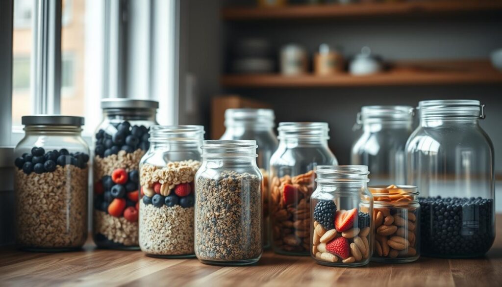A well-organized arrangement of various glass meal prep storage jars, neatly displayed on a wooden kitchen counter. The jars are filled with an assortment of colorful, healthy ingredients like rolled oats, chia seeds, berries, and nuts. Soft, natural lighting filters in from a nearby window, casting gentle shadows and highlighting the clean, minimalist design of the jars. The overall scene conveys a sense of calm, organized meal planning and meal prep, perfectly suited for the 