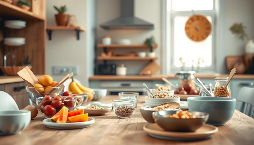 A well-organized breakfast meal prep assembly line in a cozy, minimal kitchen environment. The foreground features neatly arranged bowls, utensils, and ingredients like fresh fruits, yogurt, granola, and oats. The middle ground shows a wooden table with sections for different prep tasks, while the background reveals wooden cabinetry and light blue accents that create a warm, inviting atmosphere. Soft, diffused lighting casts a gentle glow over the scene, highlighting the textures and colors. The overall composition conveys efficiency, organization, and a sense of calm preparedness for a healthy morning routine.