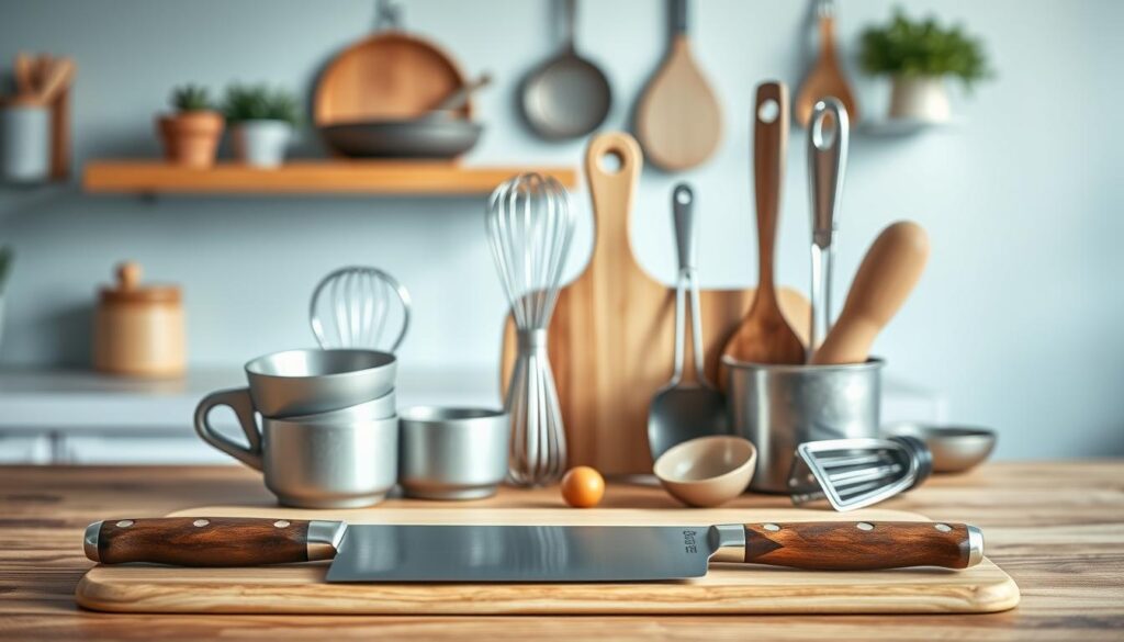 A well-organized collection of essential kitchen tools set against a cozy, minimal backdrop. In the foreground, a sleek chef's knife, a sturdy wooden cutting board, and a set of measuring cups and spoons lay neatly arranged. In the middle ground, a high-quality stainless steel whisk, a versatile spatula, and a trusty vegetable peeler stand ready for action. In the soft-lit background, a modern, light blue-accented kitchen environment showcases the tools' natural, rustic appeal, complemented by warm wooden textures and gentle shadows. The scene conveys a sense of efficiency and organization, perfectly suited for a 30-minute meal prep routine.