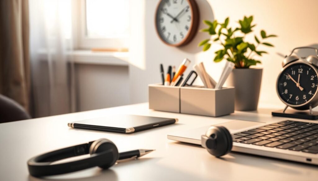 A well-organized desk, bathed in warm natural light, showcases the essential tools for the busy professional. In the foreground, a sleek laptop, a stylish pair of wireless headphones, and a high-quality pen rest atop a crisp, white desktop. The middle ground features a compact yet efficient desk organizer, housing a variety of office supplies in a muted, complementary color palette. In the background, a potted plant and a minimalist wall clock add a touch of greenery and timeless sophistication to the serene workspace. The overall mood is one of streamlined productivity and calm efficiency, perfect for the modern, multitasking professional.