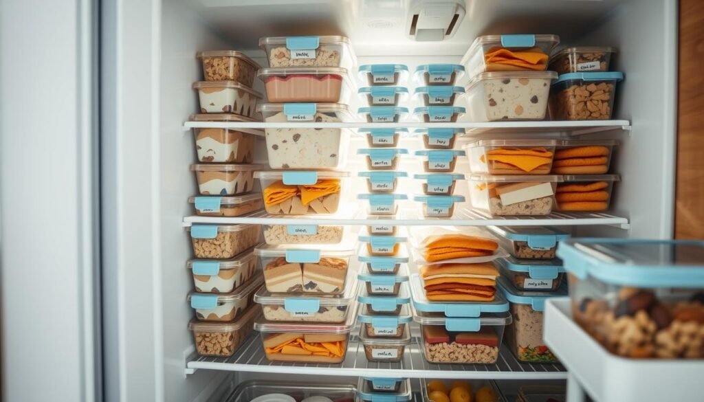 A well-organized freezer compartment showcasing a variety of meal-prepped breakfast containers. Rows of clear, labeled containers filled with meticulously portioned oatmeal, yogurt parfaits, breakfast sandwiches, and other make-ahead morning staples. Soft, natural lighting emanates from a window, casting a warm glow over the organized freezer shelves. Wooden accents and light blue accents create a cozy, minimalist kitchen aesthetic. The image conveys a sense of preparedness and efficiency, perfectly capturing the essence of the 