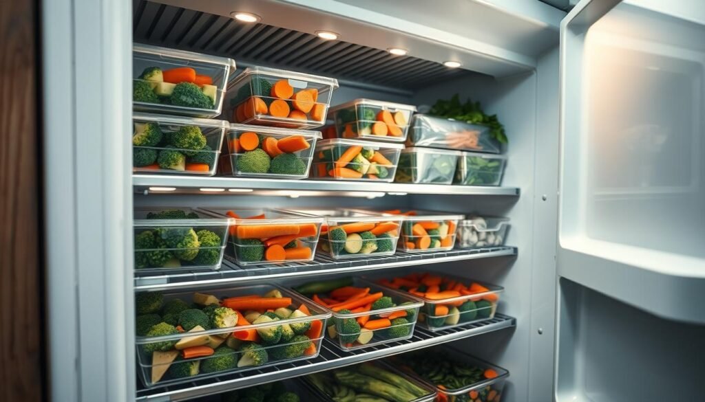 A well-organized freezer storage unit, with carefully arranged trays of colorful frozen vegetables. The shelves are lined with sleek metal racks, creating a neat and efficient layout. Bright LED lighting illuminates the scene, casting a warm glow on the assortment of broccoli, carrots, spinach, and other produce neatly contained in airtight containers. The kitchen environment is cozy and minimal, with wooden textures and light blue accents, radiating a sense of order and culinary preparedness. The camera captures the scene from a slightly elevated angle, showcasing the freezer's contents in a clean, organized manner.