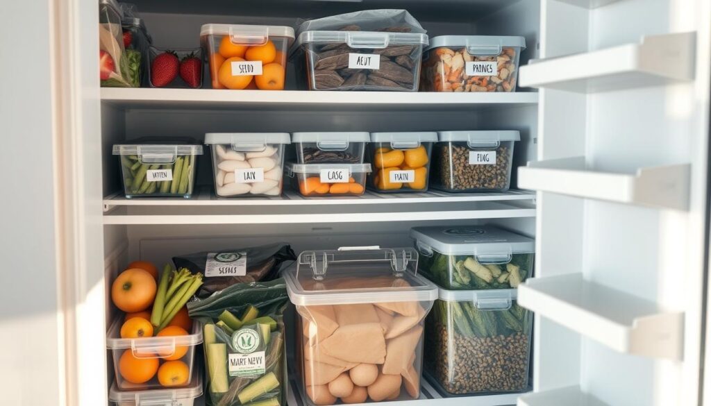 A well-organized freezer with clear storage containers, neatly labeled bags, and a variety of frozen fruits, vegetables, and protein sources. The shelves are arranged in an efficient, visually appealing manner, with a mix of transparent and opaque containers to easily identify contents. Soft, natural lighting illuminates the scene, highlighting the clean, minimalist aesthetic of the kitchen. The overall atmosphere is one of intentional organization, conveying a sense of preparedness and control over the morning meal routine.