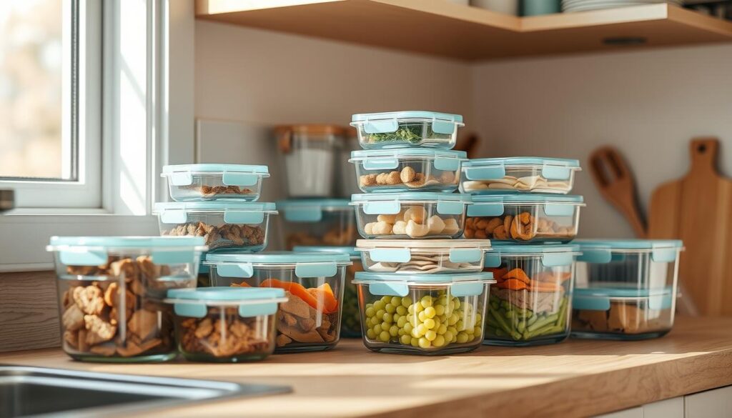 A well-organized kitchen counter, featuring an assortment of glass food storage containers in various sizes, neatly arranged. The containers are stacked and positioned with precision, showcasing a visually appealing and functional meal prep setup. Soft, natural lighting filters through a nearby window, casting a warm glow on the wooden textures and light blue accents that complement the minimalist, cozy atmosphere. The overall scene conveys a sense of organization, efficiency, and thoughtful preparation for healthy, make-ahead breakfasts.