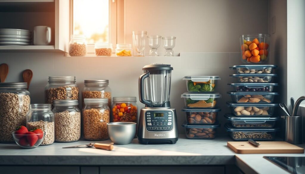 A well-organized kitchen counter, filled with an assortment of colorful breakfast ingredients and meal containers. Soft natural light filters through the window, casting a warm glow on the scene. Glass jars brimming with oats, granola, and fresh fruit line the shelves, while a sleek blender and a stack of meal prep containers sit ready for action. The countertop is dotted with prep tools, measuring cups, and a cutting board, conveying a sense of intentional, thoughtful meal preparation. The overall atmosphere is one of efficiency, organization, and a commitment to a healthy, nourishing start to the day.