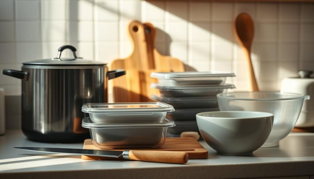 A well-organized kitchen counter filled with the essential tools for batch cooking: a large pot, a set of meal prep containers, a cutting board, a chef's knife, a mixing bowl, and a wooden spoon. The lighting is soft and natural, casting a warm glow on the scene. The camera angle is slightly elevated, providing a comprehensive view of the arrangement. The overall mood is one of simplicity, functionality, and a sense of preparedness for the week ahead.