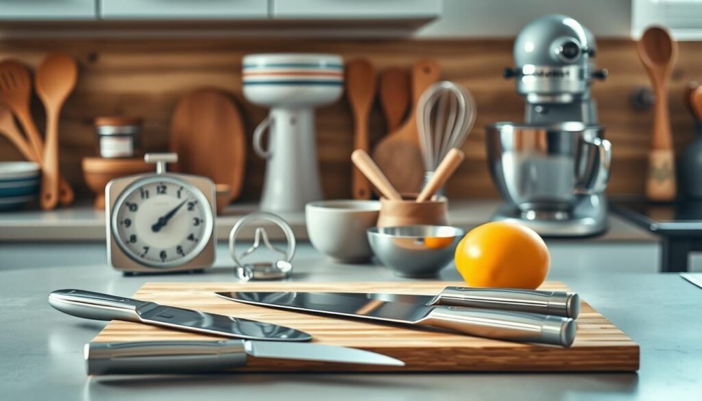 A well-organized kitchen counter showcases an array of essential cooking tools for efficient meal prep. In the foreground, a gleaming set of high-quality stainless steel knives, a sturdy cutting board, and a sleek vegetable peeler. In the middle ground, a modern digital scale, a mortar and pestle, and a classic whisk stand ready to assist in measuring, grinding, and blending ingredients. The background features a vintage-inspired stand mixer, a set of nesting bowls, and a collection of wooden spoons, all arranged against a backdrop of warm wooden textures and light blue accents, creating a cozy, minimalist atmosphere ideal for a productive breakfast meal prep routine.