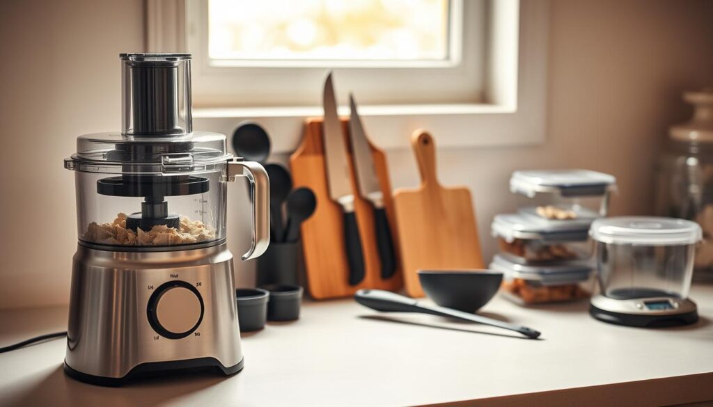 A well-organized kitchen counter showcases an assortment of efficient meal prep tools. In the foreground, a sleek, stainless steel food processor with multiple blades stands ready to chop, shred, and puree ingredients. Beside it, a modern, minimalist set of measuring cups and spoons in matte black. In the middle ground, a high-quality set of ceramic knives with a wooden cutting board, along with a compact digital kitchen scale. In the background, a row of airtight glass food storage containers and a label maker for organized meal planning. Warm, diffused lighting from a window casts a soft glow, highlighting the clean, utilitarian design of the tools. The overall mood is one of efficiency, organization, and a commitment to a dairy-free, healthy breakfast routine.