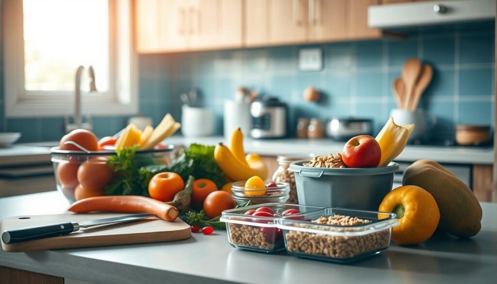 A well-organized kitchen counter showcases an assortment of fresh breakfast ingredients - crisp vegetables, ripe fruits, and whole grain cereals. Soft natural lighting from a nearby window casts a warm glow, highlighting the vibrant colors and textures. In the foreground, a meal prep container with compartments for individual servings sits alongside a cutting board, knife, and mixing bowl, ready for efficient preparation. The middle ground features various kitchen tools and appliances, suggesting the convenience of this time-saving breakfast routine. In the background, subtle blue-toned accents complement the wooden cabinetry, creating a calming, minimalist ambiance conducive to mindful meal planning.