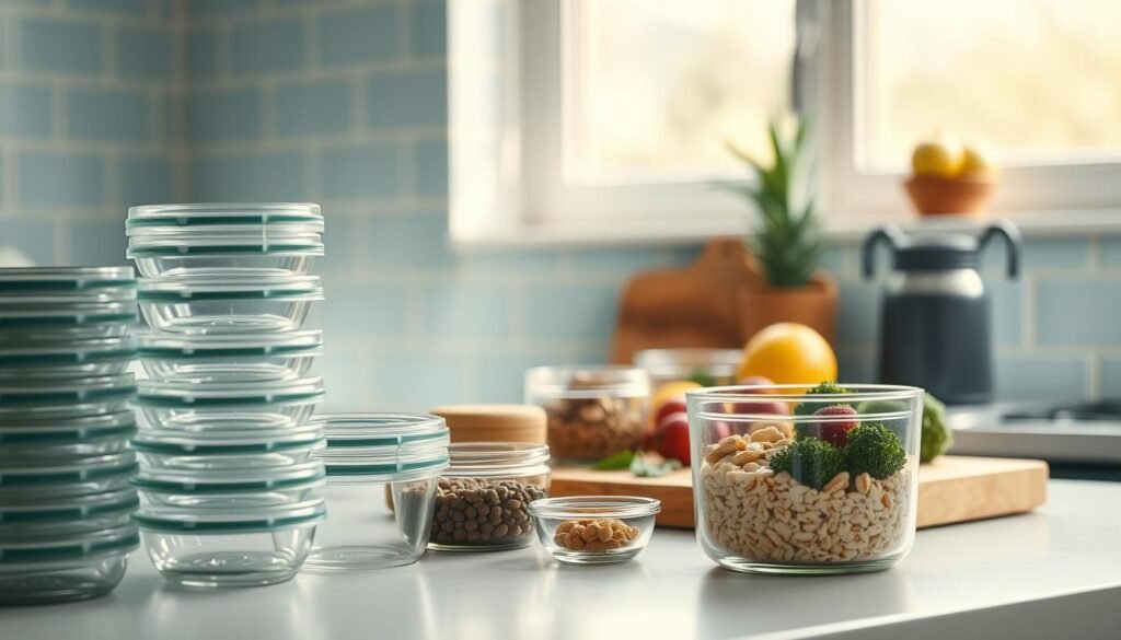 A well-organized kitchen counter showcases various glass meal prep containers in the foreground, their lids neatly stacked beside them. In the middle ground, a wooden cutting board displays fresh ingredients like fruits, nuts, and herbs, complementing the light blue wall tiles. Soft, diffused lighting from a large window creates a warm, inviting atmosphere, highlighting the textures of the natural materials. The overall scene conveys a sense of efficiency and mindfulness, perfectly suited for preparing healthy overnight oats for busy mornings.