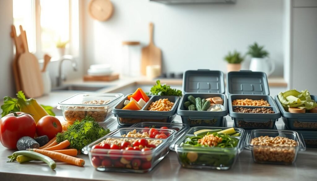 A well-organized kitchen counter showcases various meal prep containers and ingredients. In the foreground, a selection of fresh vegetables, grains, and proteins are neatly arranged, ready for assembly. The middle ground features several sleek, compartmentalized lunchboxes, their lids open to reveal thoughtfully portioned meals. The background depicts a minimalist, light-filled kitchen with soft blue accents, hinting at an efficient, systematic approach to meal planning. Warm, natural lighting casts a cozy ambiance, inviting the viewer to envision a stress-free weekday routine.