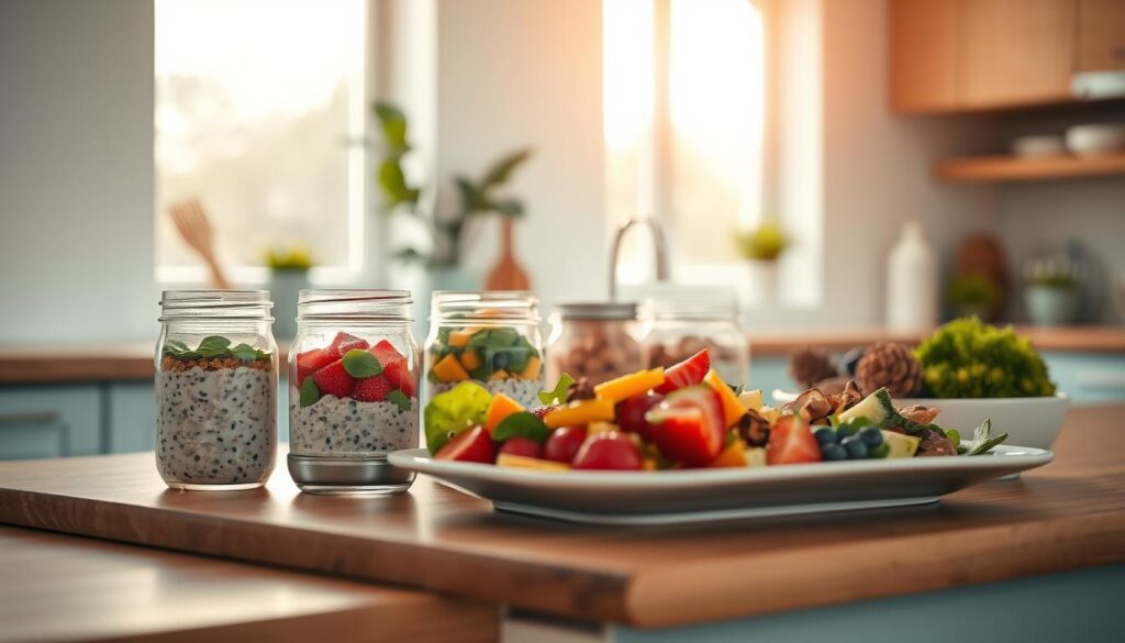 A well-organized kitchen counter showcasing an array of freshly prepared gluten-free breakfast items - overnight oats in mason jars, a vibrant fruit salad, and a platter of roasted vegetables. Warm, natural lighting filters through large windows, casting a soft glow on the scene. The clean, uncluttered space features wood tones and light blue accents, creating a calming, inviting atmosphere. The composition highlights the convenience and nutritional benefits of meal prepping, inspiring a sense of wellness and organization. A 50mm lens captures the scene at eye level, emphasizing the thoughtful presentation of the healthful meal components.