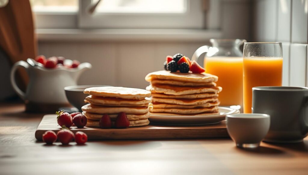 A well-organized kitchen counter showcasing an array of neatly prepared breakfast items - a stack of fluffy pancakes, a bowl of fresh berries, a pitcher of maple syrup, and a glass of orange juice. Soft, directional lighting from a window illuminates the scene, casting warm shadows and highlighting the textures of the wood and ceramic surfaces. The overall atmosphere is one of calm efficiency, conveying the benefits of a quick, time-saving breakfast meal prep routine.