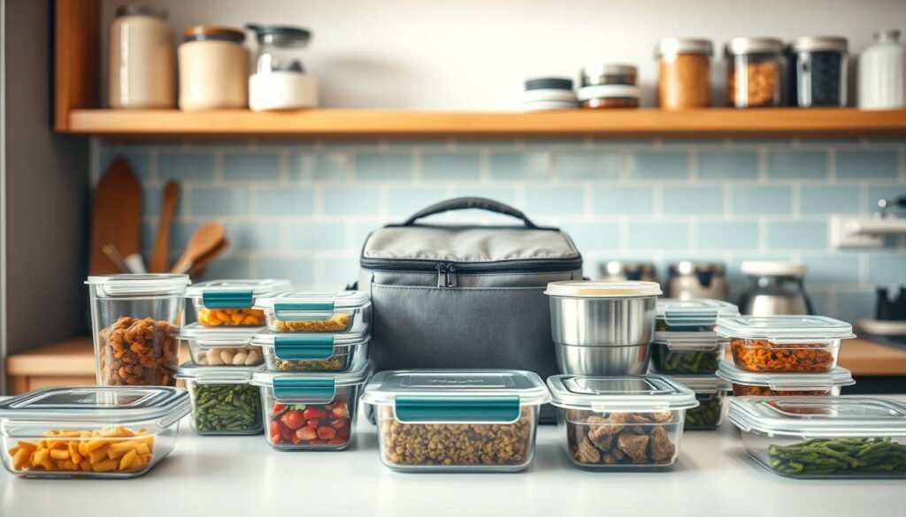 A well-organized kitchen counter showcasing an assortment of meal prep storage solutions. In the foreground, various glass and plastic containers with airtight lids sit neatly arranged, ready to hold freshly prepared vegan dishes. In the middle ground, a set of stackable stainless steel bowls and a sleek insulated lunch bag create a visually appealing display. The background features a light blue tile backsplash, complemented by wooden shelves holding additional storage jars and canisters. Soft, natural lighting illuminates the scene, highlighting the clean, minimalist aesthetic. The overall atmosphere conveys a sense of organization, efficiency, and a commitment to a healthy, plant-based lifestyle.