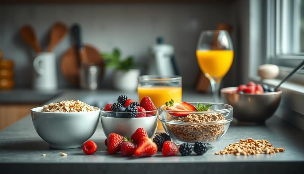 A well-organized kitchen counter with a variety of fresh, healthy breakfast ingredients arranged neatly: oats, yogurt, berries, granola, and a glass of orange juice. Soft, natural lighting from a nearby window creates a warm, inviting atmosphere. The overall composition emphasizes simplicity, efficiency, and a sense of mindful, productive preparation. The scene conveys a calm, energizing mood to start the day on a positive note.