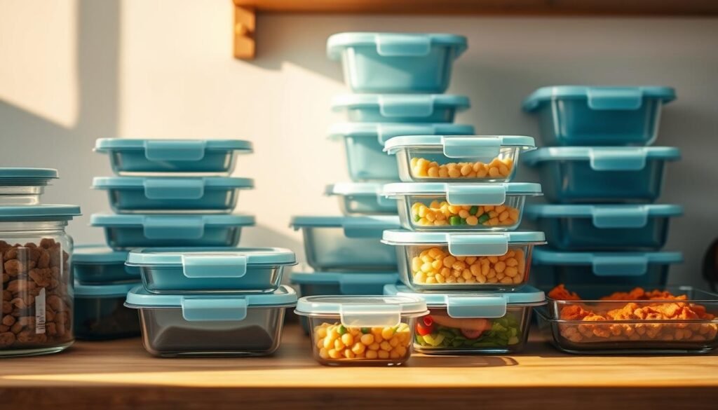A well-organized kitchen counter with a variety of glass containers, stacking meal prep boxes, and reusable silicone lids in a soothing light blue palette. The containers are arranged neatly, showcasing their utility and practicality for storing pre-portioned healthy Mexican meals. Warm, directional lighting casts a soft glow, highlighting the wooden textures of the counter and shelves. The overall scene conveys a sense of efficiency, organization, and thoughtful meal prep, perfect for maintaining the freshness of homemade Mexican dishes.