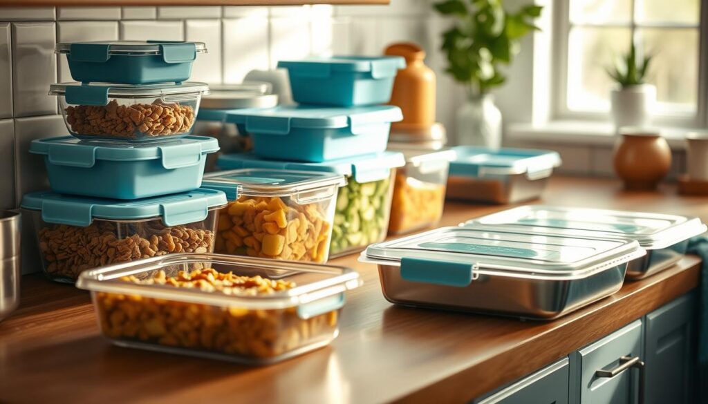 A well-organized kitchen counter with a variety of meal prep storage solutions, including glass containers, plastic bins, and stainless steel trays. The containers are neatly arranged, showcasing their practicality and aesthetic appeal. Soft, natural lighting filters through the room, casting a warm, inviting glow on the wooden surfaces and light blue accents. The scene exudes a sense of efficiency and organization, perfectly suited for the 