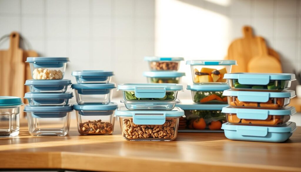 A well-organized kitchen counter with a variety of meal prep storage solutions, including glass containers, reusable silicone bags, and stackable bento-style boxes. The lighting is soft and natural, casting a warm glow on the wooden surfaces. The composition emphasizes the efficient and practical nature of the storage options, showcasing how they can help streamline meal preparation and make ahead breakfast recipes. The color palette features earthy tones, with pops of light blue accents that complement the minimal, modern aesthetic of the kitchen setting.