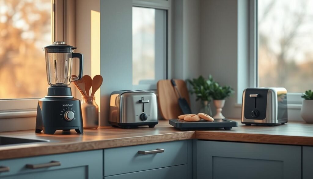 A well-organized kitchen counter with neatly arranged appliances and utensils, showcasing an efficient breakfast prep system. Warm, diffused lighting from large windows casts a soft glow, highlighting the clean, minimalist aesthetic. Wooden textures and light blue accents create a calming, inviting atmosphere. On the counter, a high-powered blender, a toaster, and a small induction cooktop stand ready to swiftly prepare a nutritious, time-saving breakfast. The scene conveys a sense of order, productivity, and the benefits of a streamlined morning routine.