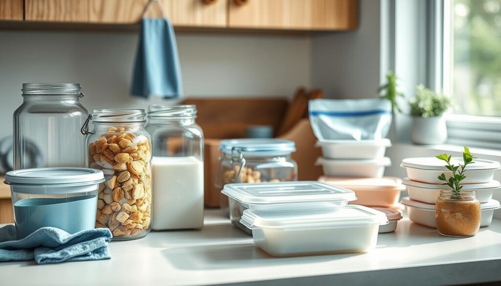 A well-organized kitchen counter with various gluten-free meal containers neatly arranged. Glass and stainless steel storage jars, airtight silicone bags, and reusable bento-style containers in soft pastel shades populate the scene. Gentle natural light filters through a window, casting a warm glow and highlighting the clean, minimalist design. Subtle blue accents, such as a small dish towel or a potted herb, complement the wooden textures of the counter and cabinets, creating a cozy, inviting atmosphere perfect for meal prepping and storage.