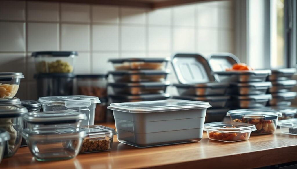 A well-organized kitchen countertop showcasing an assortment of meal prep storage solutions. In the foreground, various glass and plastic containers in different sizes and shapes are neatly arranged, their lids sealed tightly. In the middle ground, a sleek, minimalist meal prep container with multiple compartments stands out, its design optimized for portion control and freshness. Behind it, a set of stainless steel bento boxes with intricate dividers catch the soft, natural light filtering in through the window. The overall scene conveys a sense of order, efficiency, and a commitment to healthy, make-ahead meals, complemented by the warm, cozy atmosphere of the kitchen.