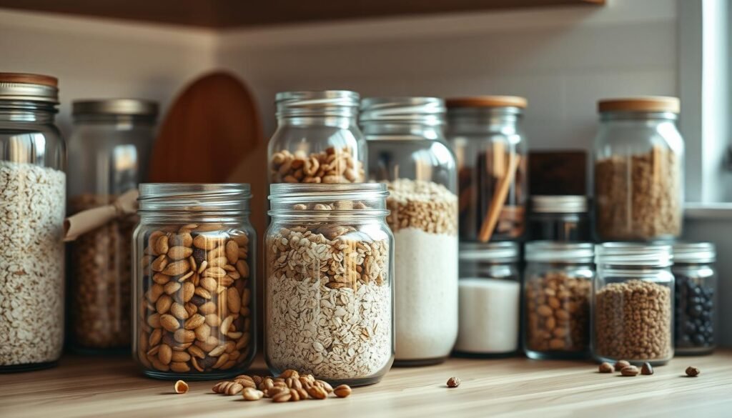 A well-organized kitchen countertop with various clear glass jars and containers neatly arranged, showcasing a range of healthy meal prep ingredients such as oats, nuts, dried fruits, and spices. The lighting is soft and warm, highlighting the textures of the wooden surfaces and the vibrant colors of the food items. The overall atmosphere is calming and inviting, encouraging the viewer to imagine the delicious and nutritious cookies cream overnight oats that can be crafted using these carefully organized storage solutions.